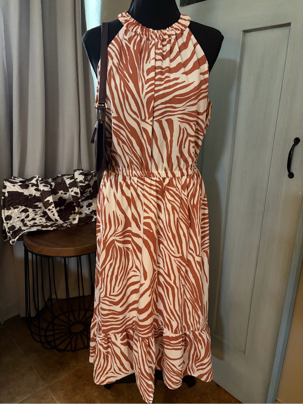 Nine West Cream & Rust Zebra-Print Halter Midi Dress